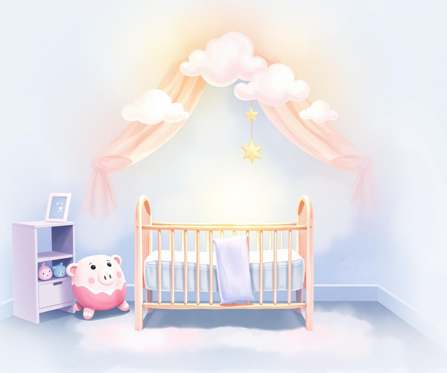 Soft watercolour illustration of a magical nursery with floating music notes and stars